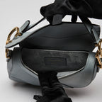 Blue Dove Grey Grained Calfskin Leather Mini Saddle Handbag