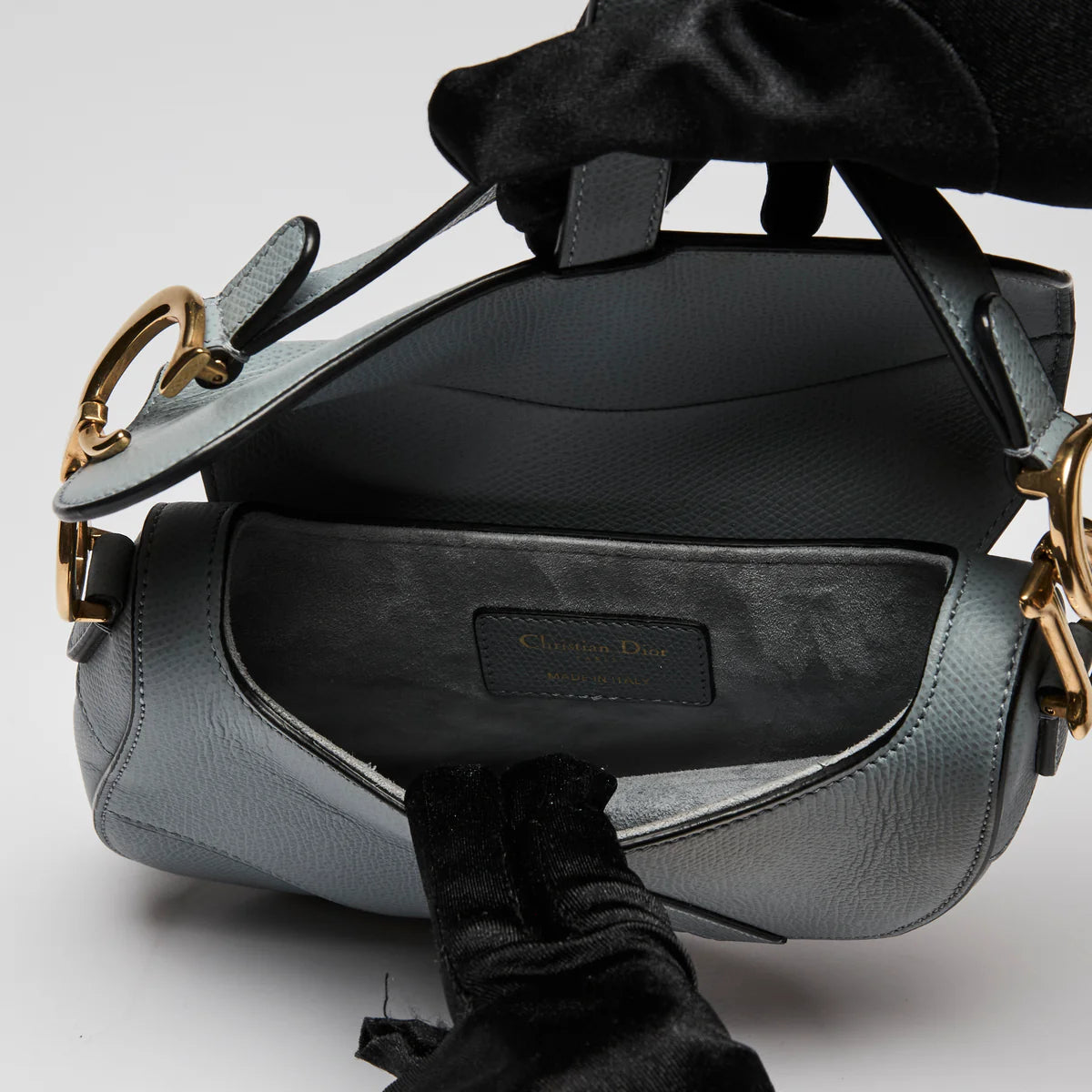 Blue Dove Grey Grained Calfskin Leather Mini Saddle Handbag