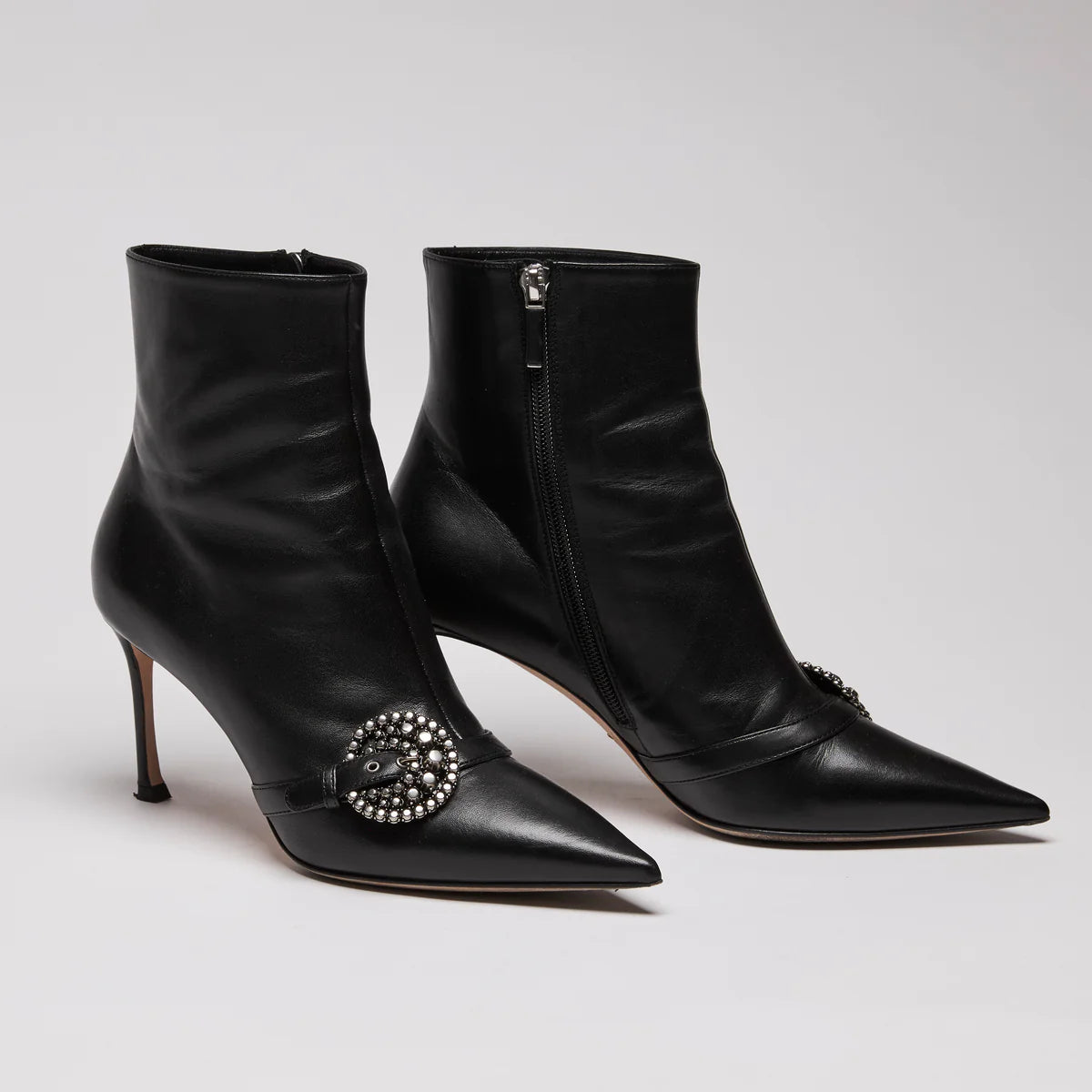 Dior Black Leather Point Toe Ankle Boots with Buckle Embellishment Size 38.5