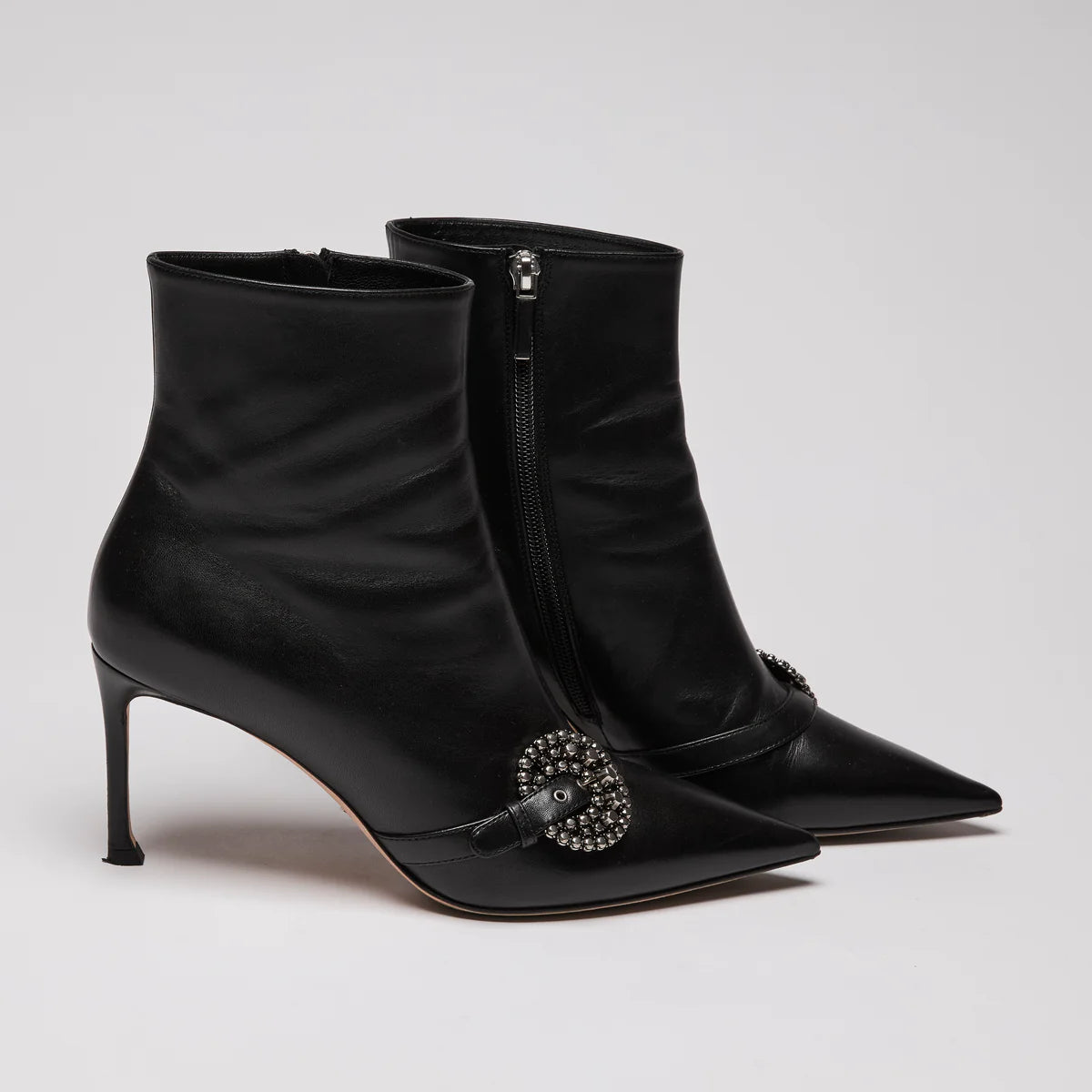 Dior Black Leather Point Toe Ankle Boots with Buckle Embellishment Size 38.5