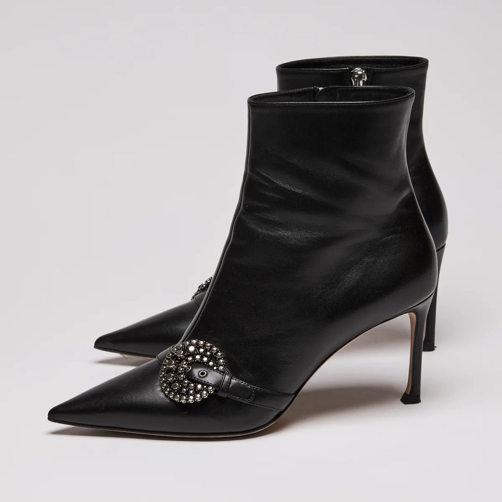 Dior Black Leather Point Toe Ankle Boots with Buckle Embellishment Size 38.5
