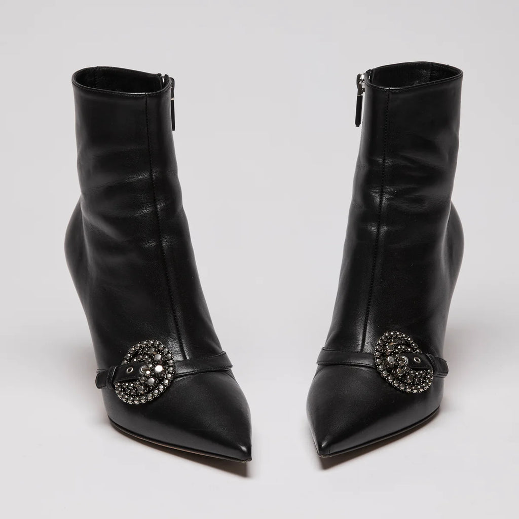 Dior Black Leather Point Toe Ankle Boots with Buckle Embellishment Size 38.5