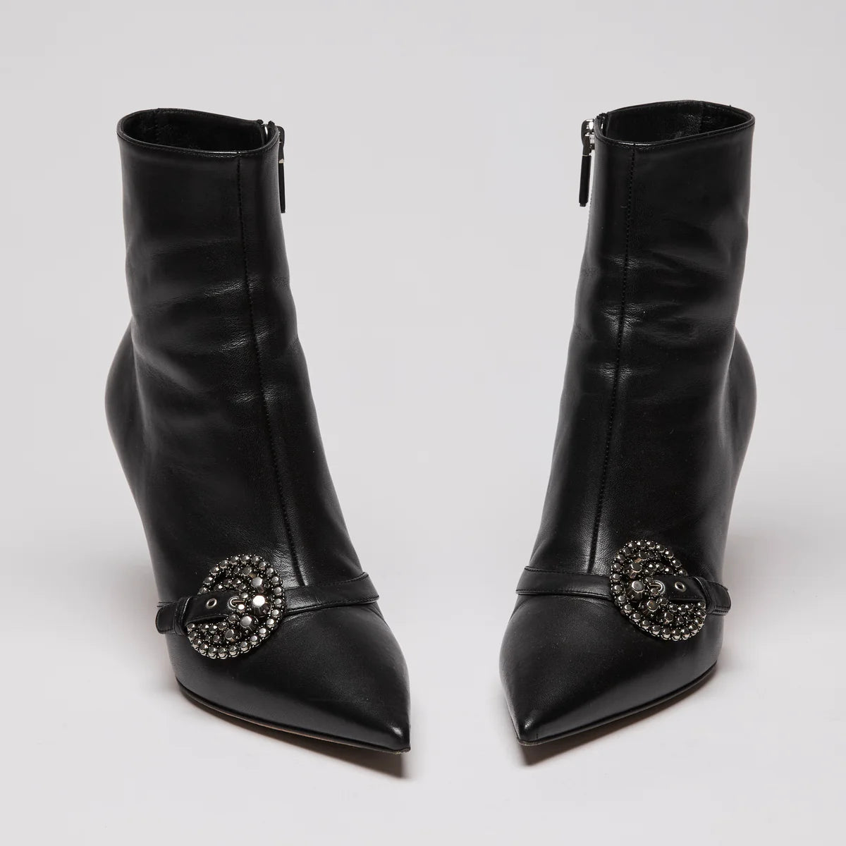 Dior Black Leather Point Toe Ankle Boots with Buckle Embellishment Size 38.5