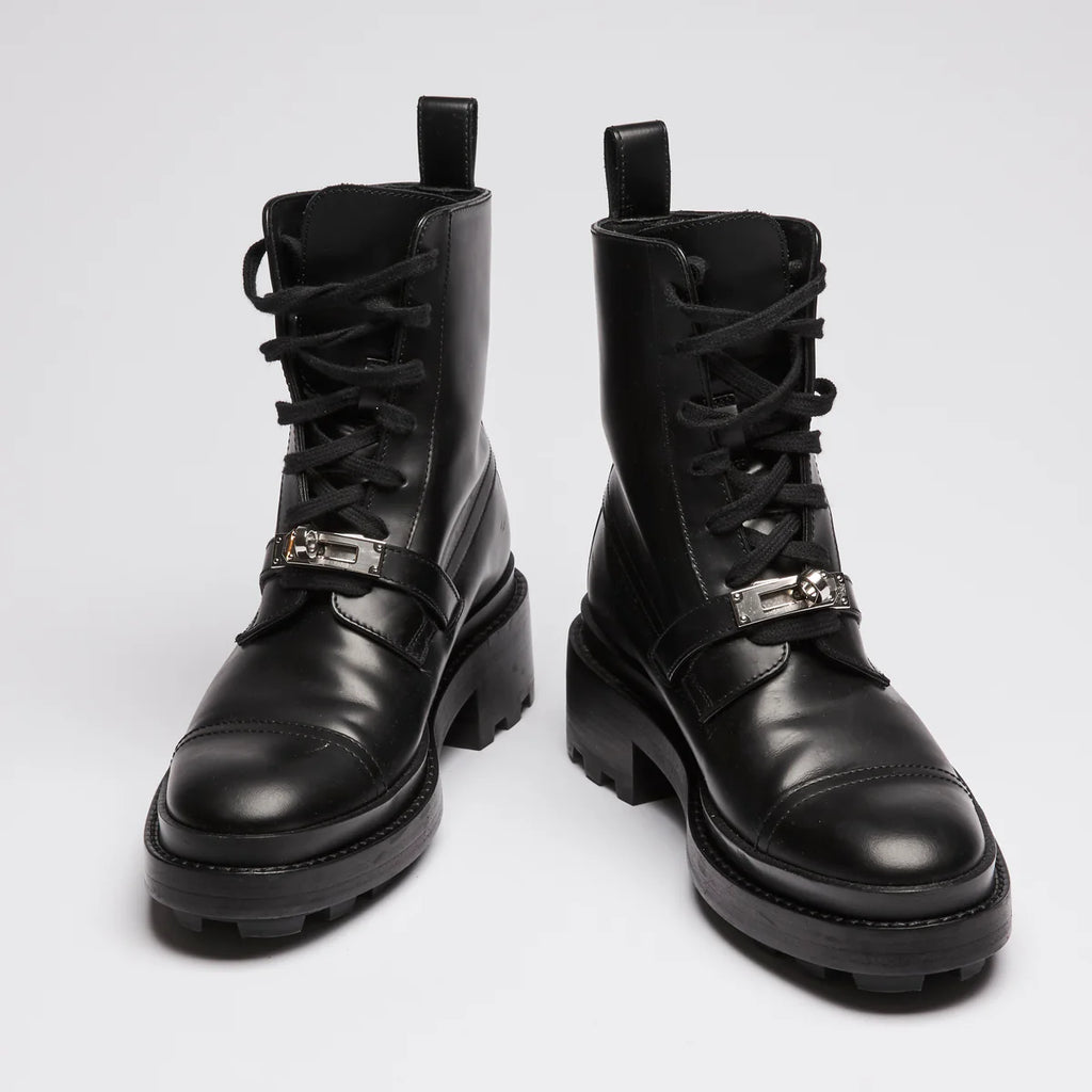 Hermes Black Leather Military Boots with Kelly Buckle Size 35
