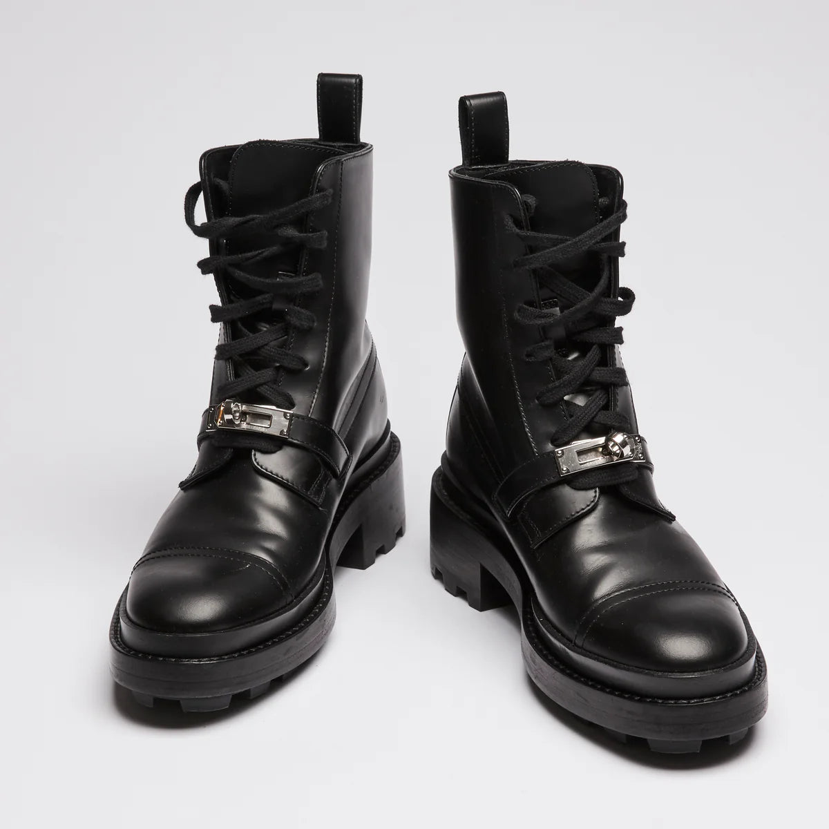 Hermes Black Leather Military Boots with Kelly Buckle Size 35