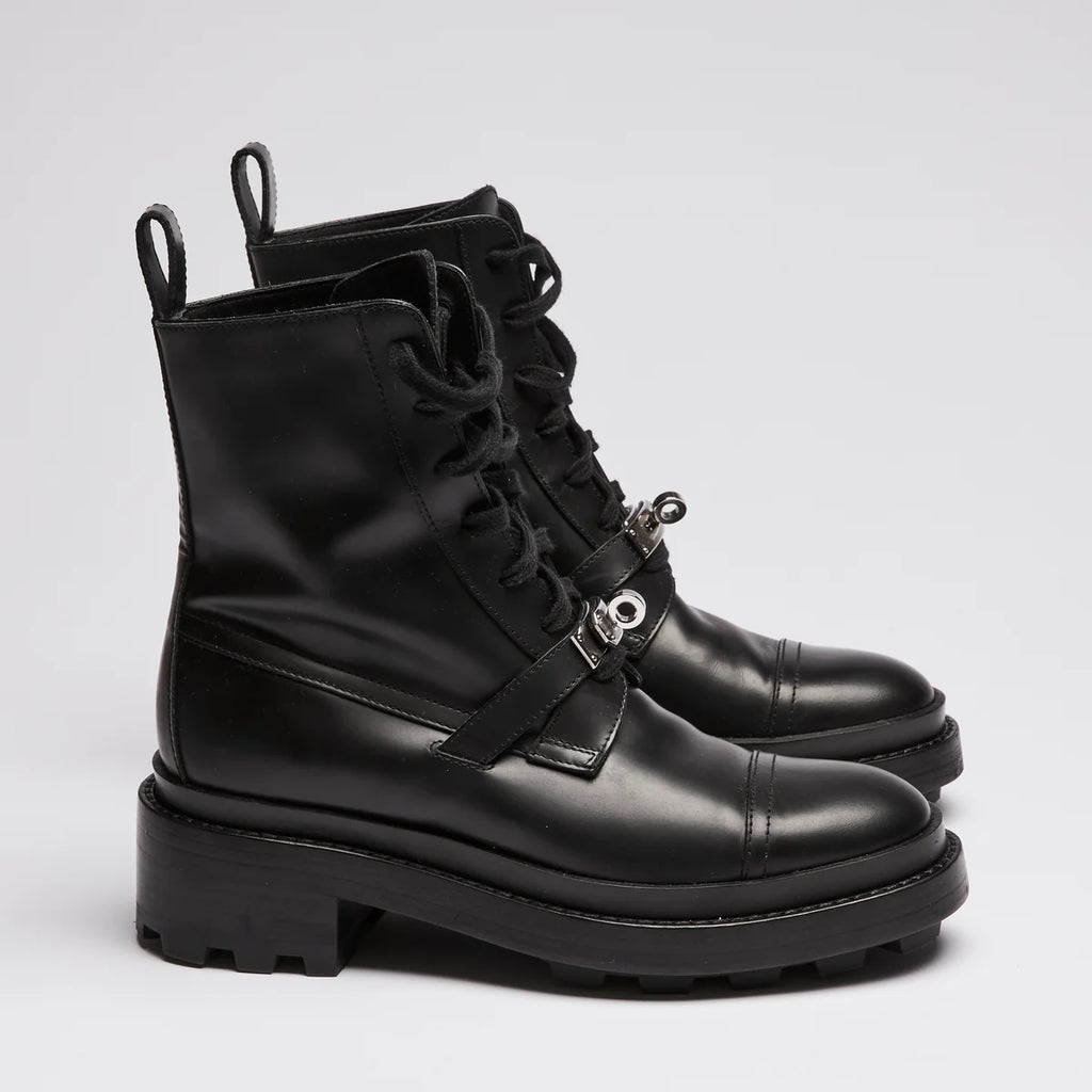 Hermes Black Leather Military Boots with Kelly Buckle Size 35