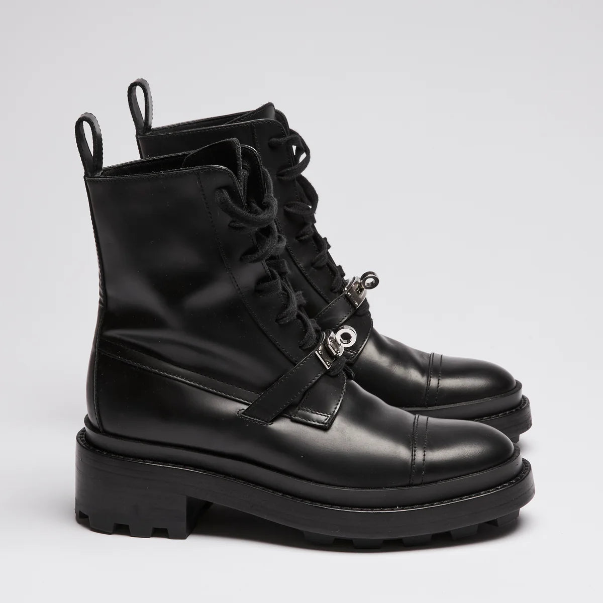 Hermes Black Leather Military Boots with Kelly Buckle Size 35