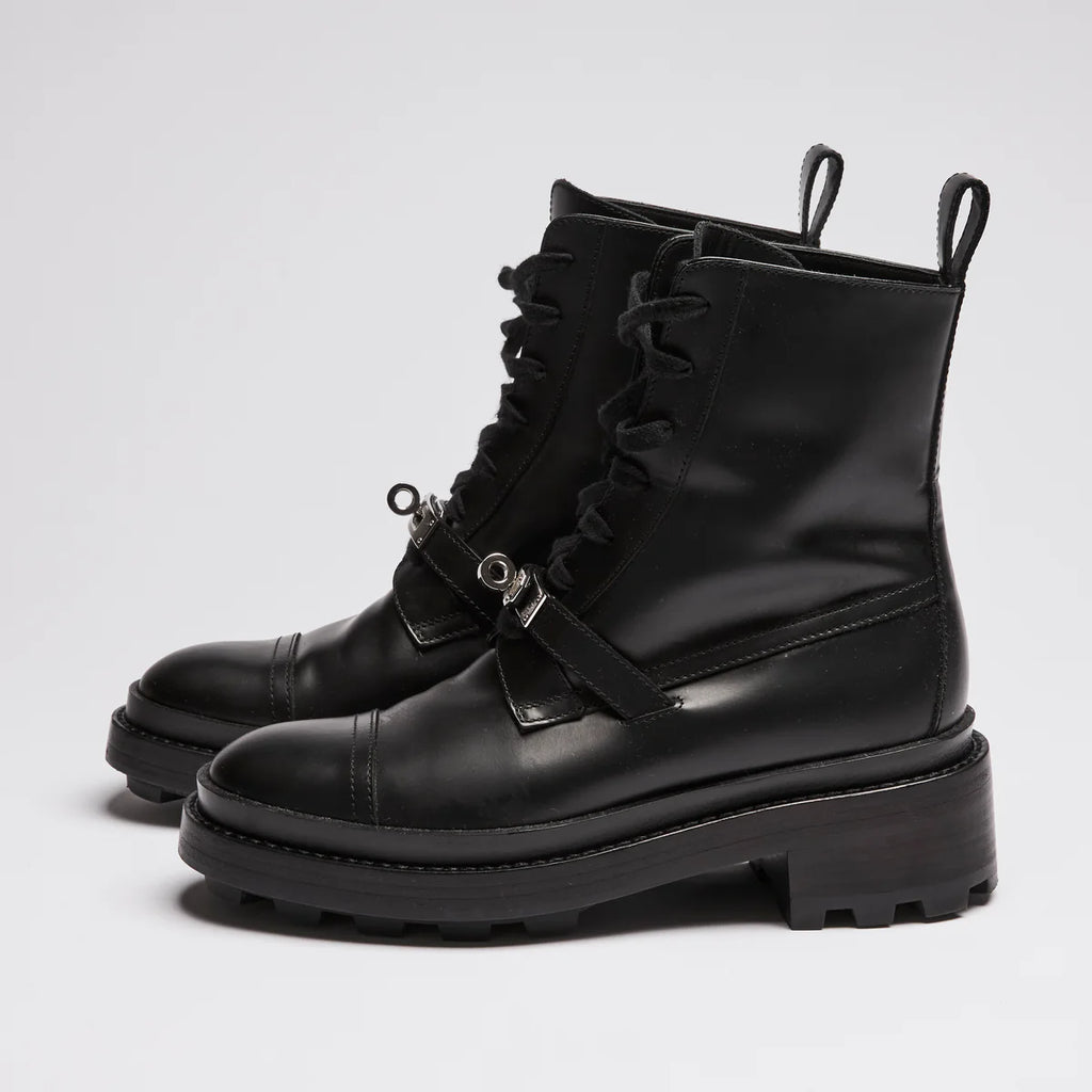 Hermes Black Leather Military Boots with Kelly Buckle Size 35