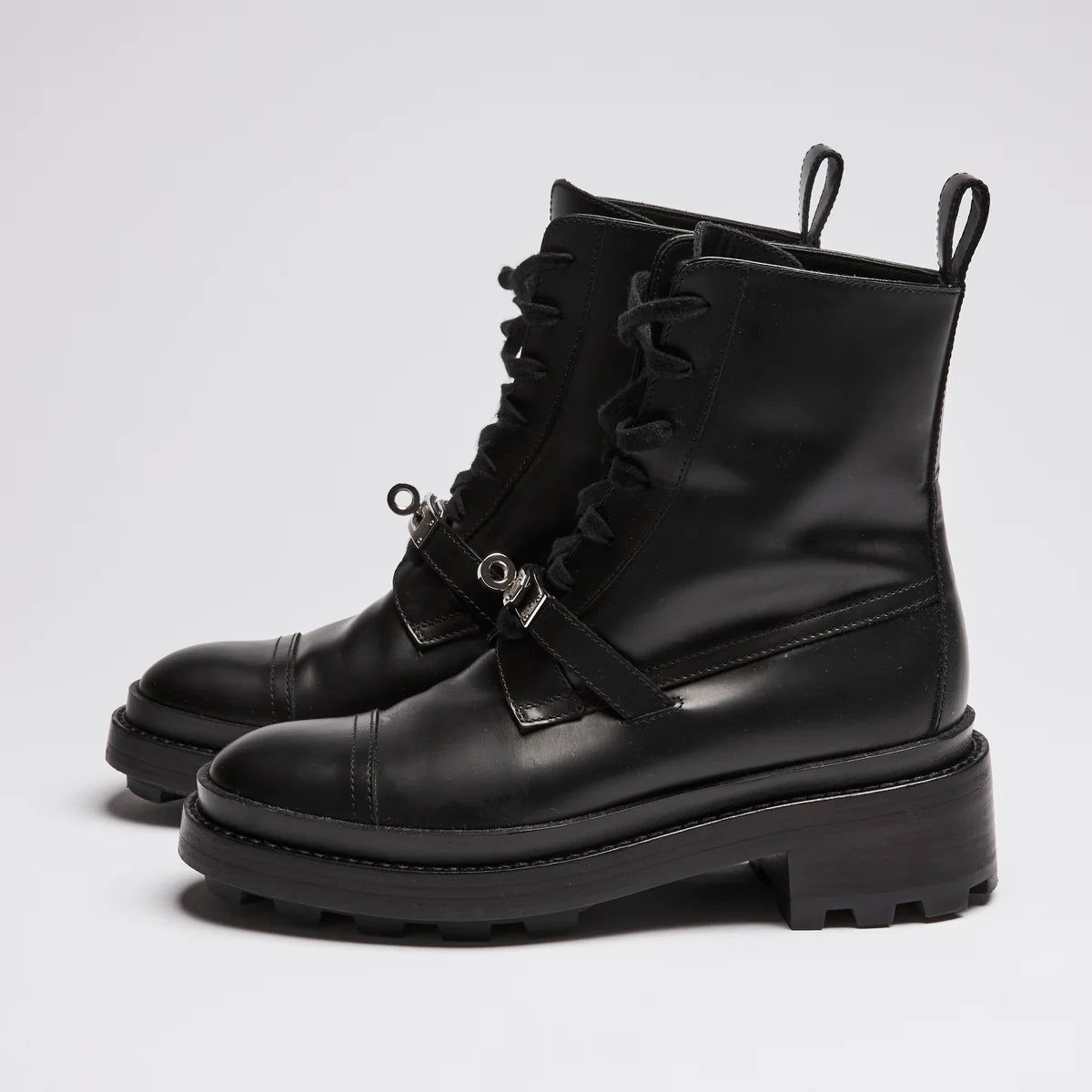 Hermes Black Leather Military Boots with Kelly Buckle Size 35