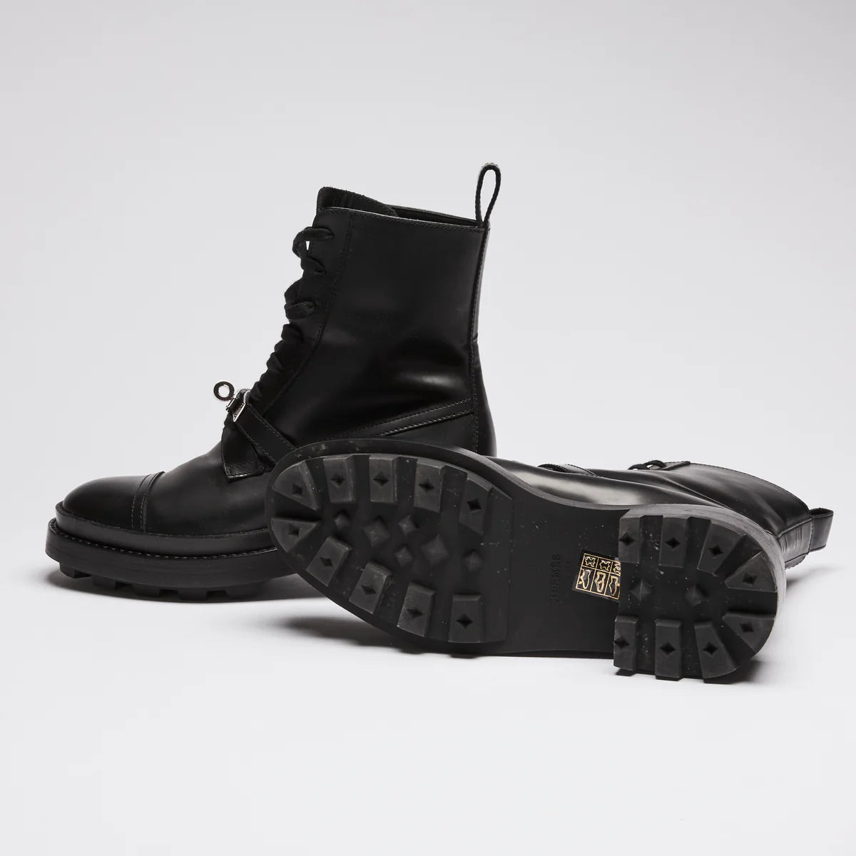 Hermes Black Leather Military Boots with Kelly Buckle Size 35