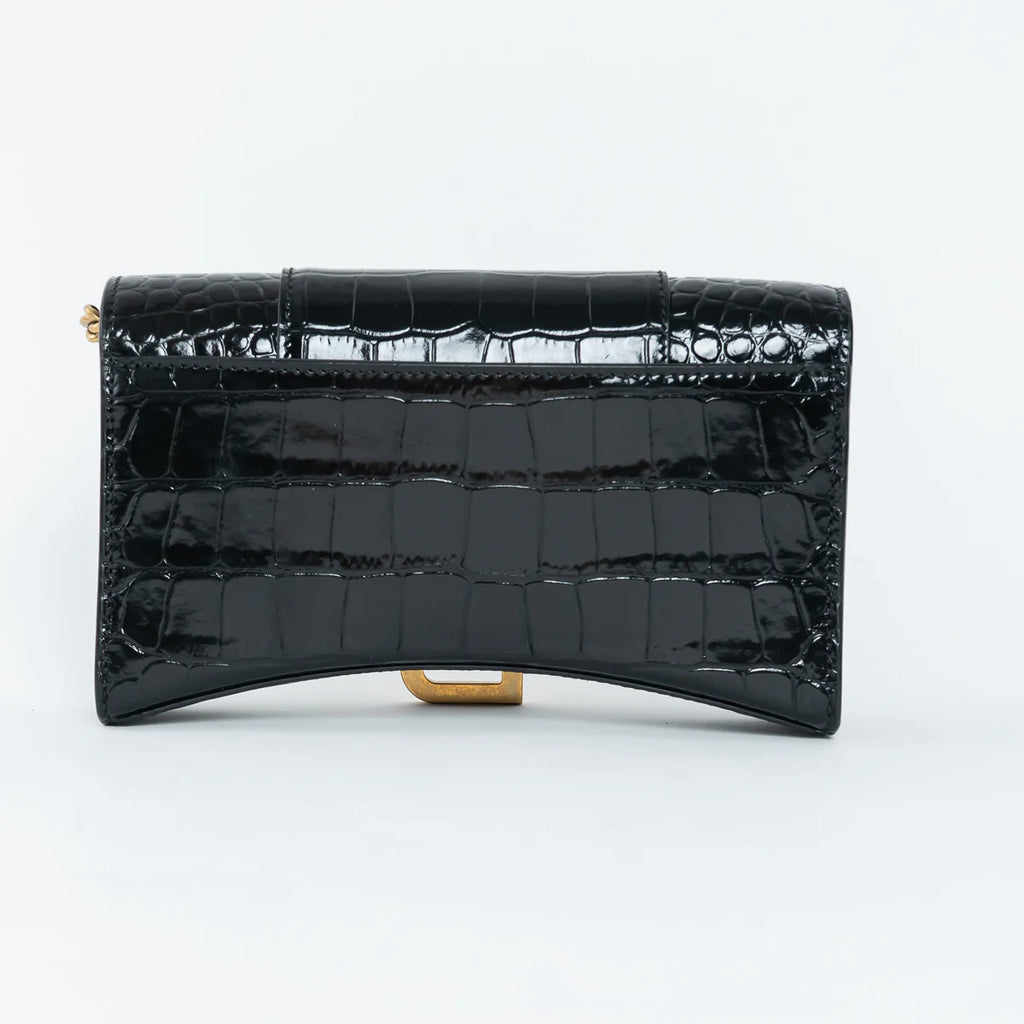 Black Embossed Croc Calfskin Leather Hourglass Wallet on Chain