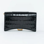 Black Embossed Croc Calfskin Leather Hourglass Wallet on Chain