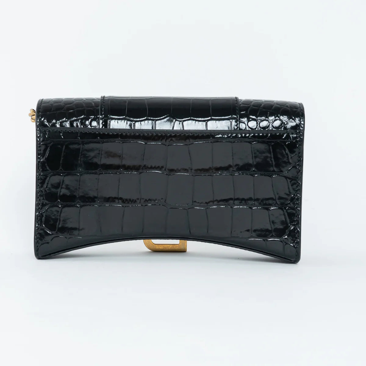 Black Embossed Croc Calfskin Leather Hourglass Wallet on Chain