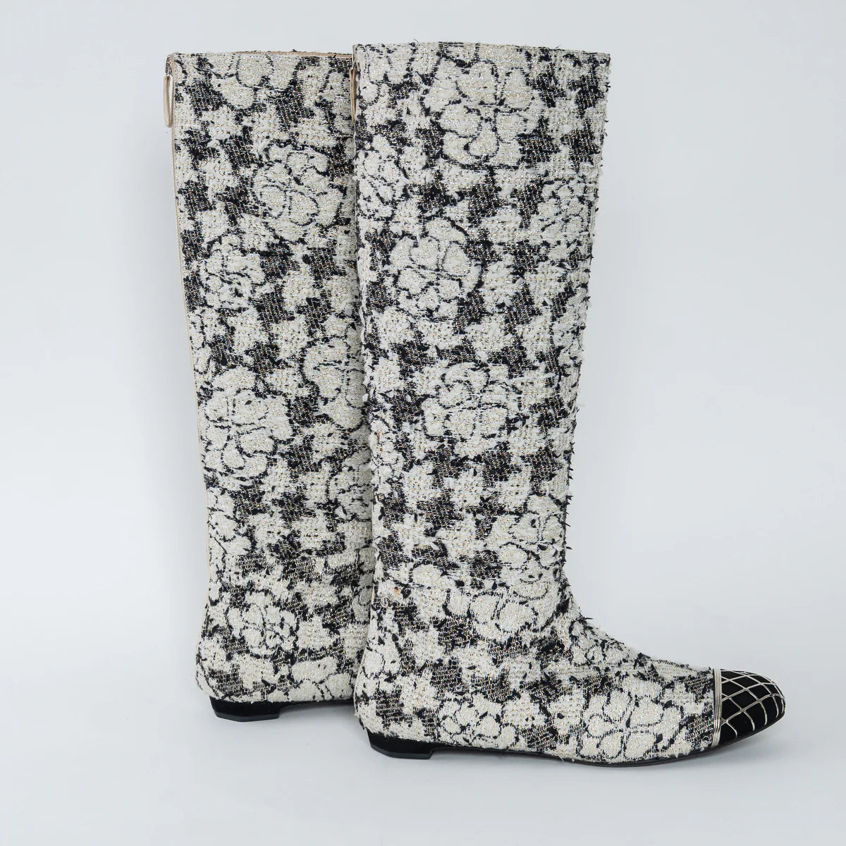 White and Black Tweed Floral Boots Size 39