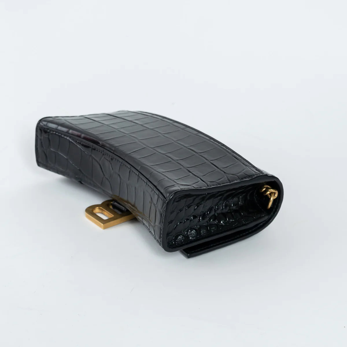 Black Embossed Croc Calfskin Leather Hourglass Wallet on Chain