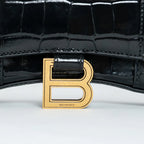 Black Embossed Croc Calfskin Leather Hourglass Wallet on Chain