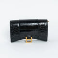 Black Embossed Croc Calfskin Leather Hourglass Wallet on Chain