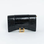 Black Embossed Croc Calfskin Leather Hourglass Wallet on Chain