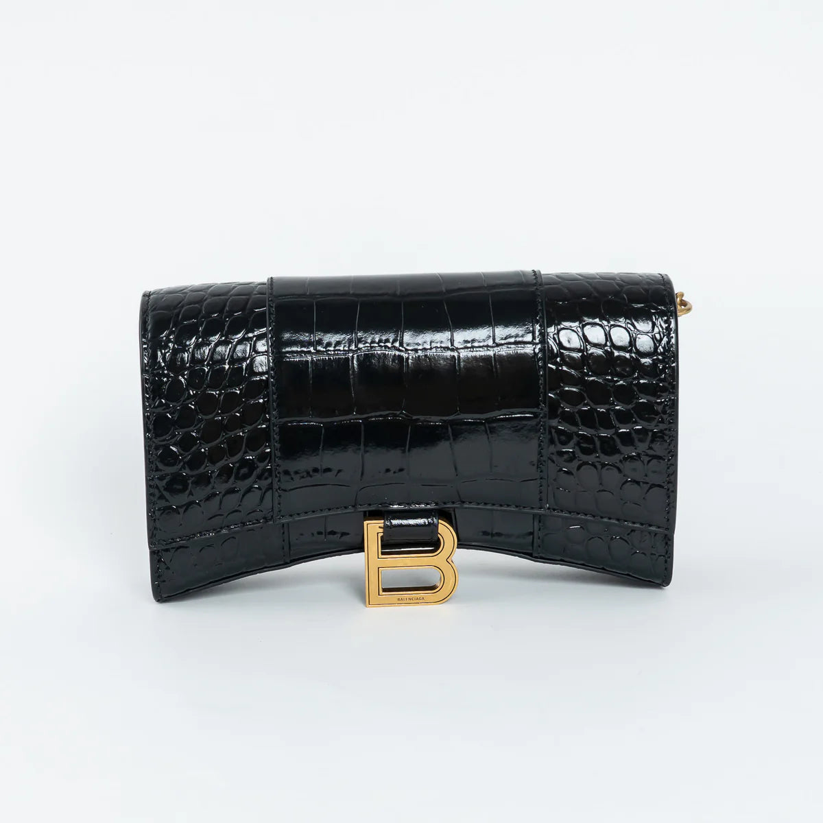 Black Embossed Croc Calfskin Leather Hourglass Wallet on Chain