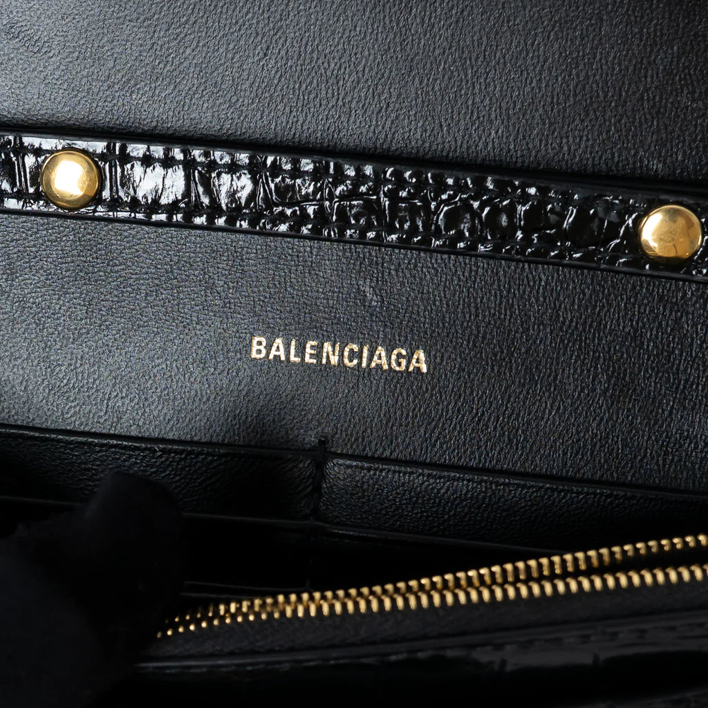 Black Embossed Croc Calfskin Leather Hourglass Wallet on Chain