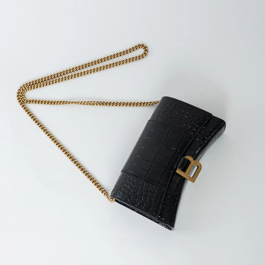 Black Embossed Croc Calfskin Leather Hourglass Wallet on Chain