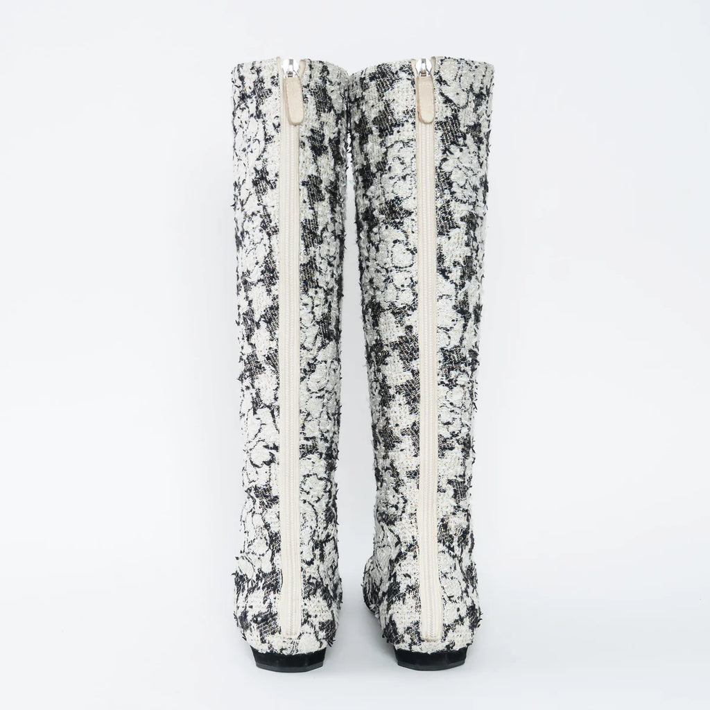 White and Black Tweed Floral Boots Size 39