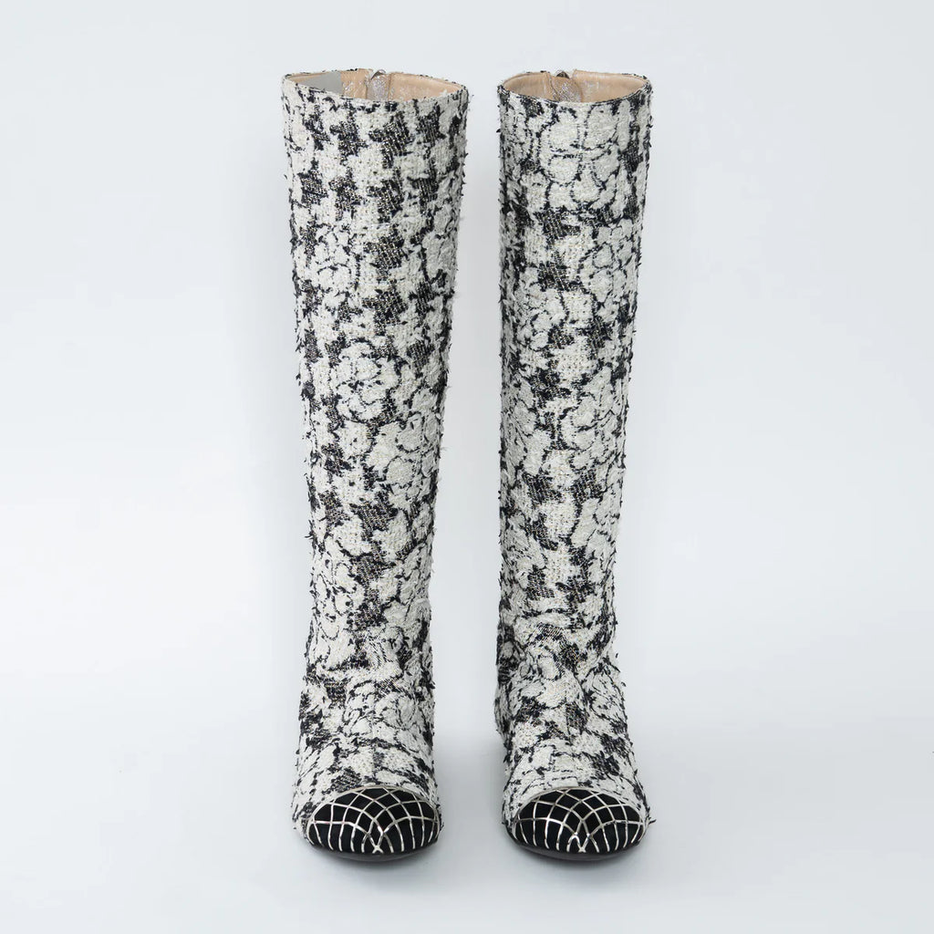 White and Black Tweed Floral Boots Size 39