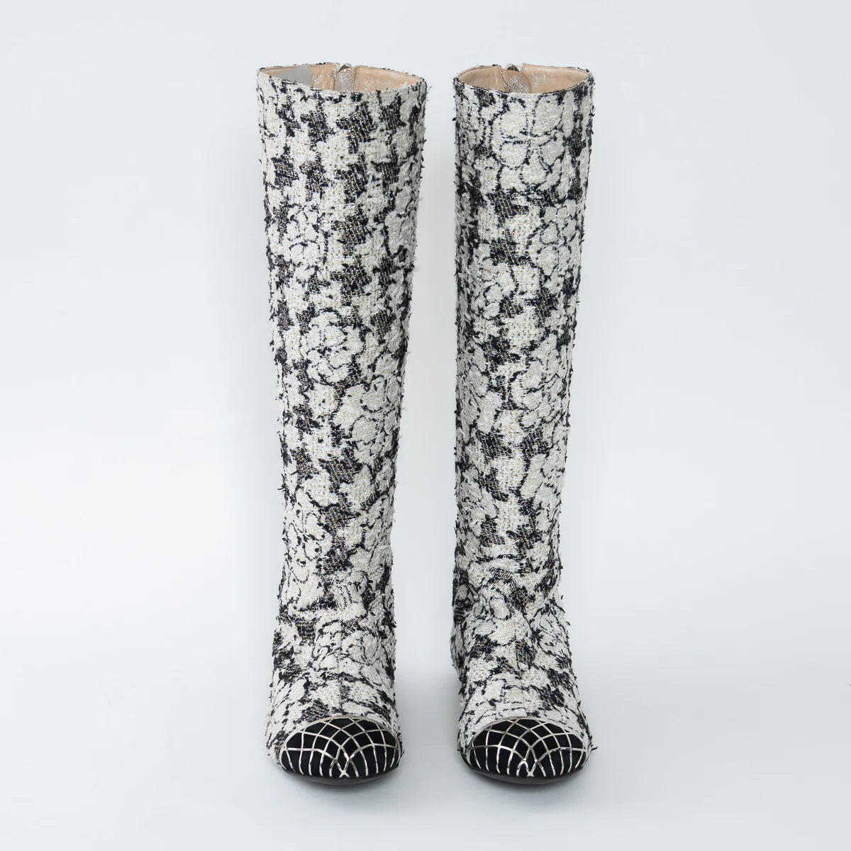 White and Black Tweed Floral Boots Size 39