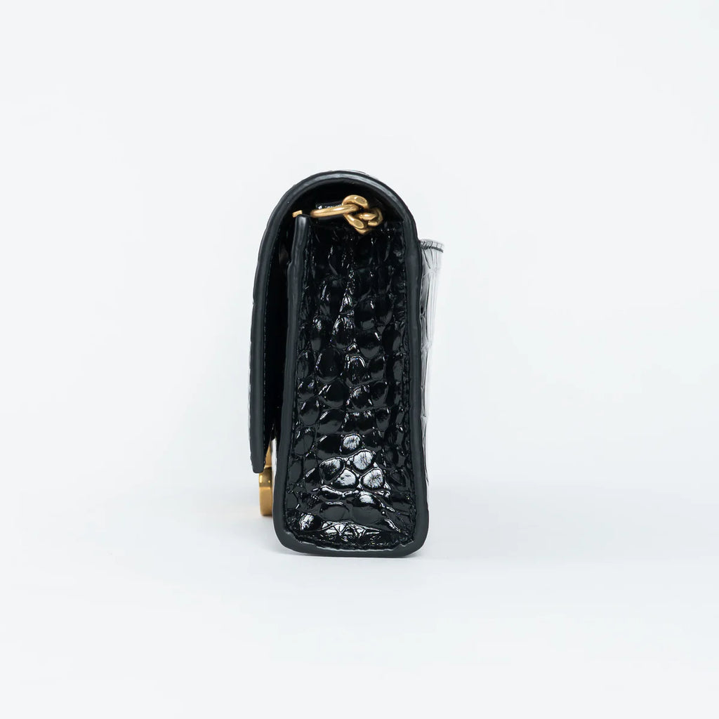 Black Embossed Croc Calfskin Leather Hourglass Wallet on Chain