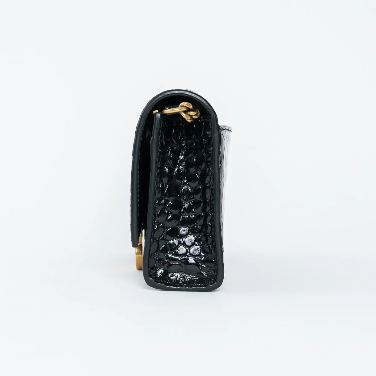 Black Embossed Croc Calfskin Leather Hourglass Wallet on Chain