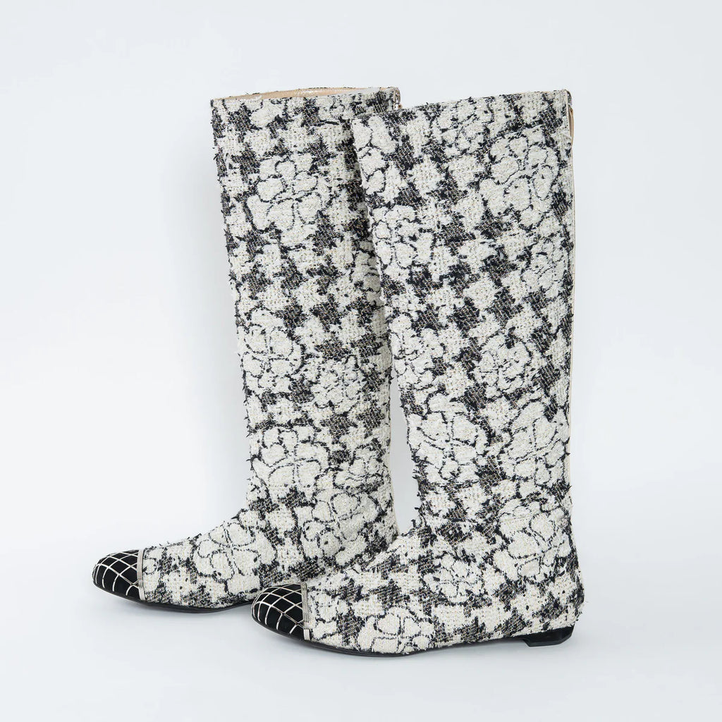 White and Black Tweed Floral Boots Size 39