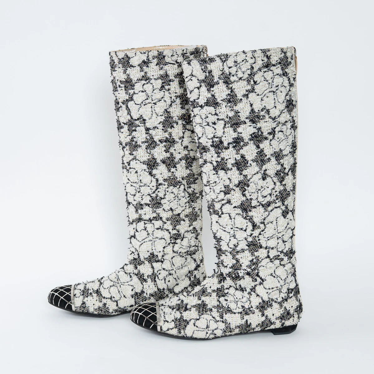 White and Black Tweed Floral Boots Size 39