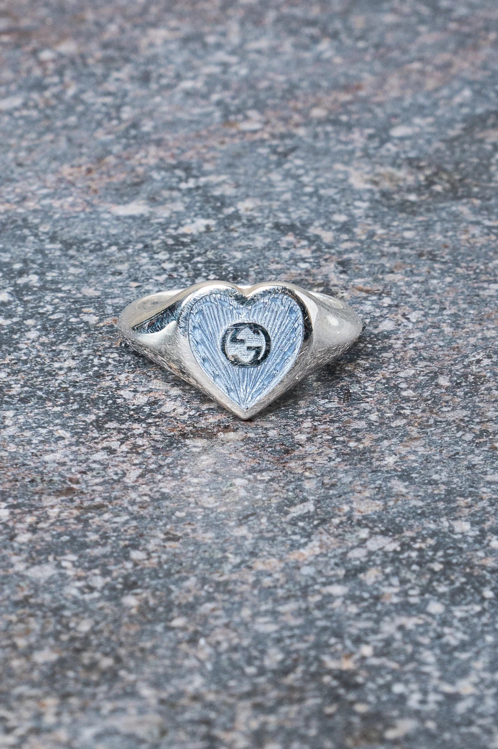 Silver Blue GG Enamel Heart Ring Coeur Cult Core