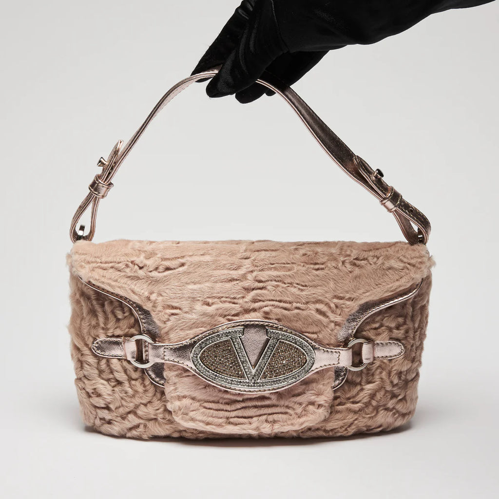 Valentino Beige Lamb Fur and Metallic Pink Leather Flap Bag Coeur Cult Core