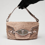Valentino Beige Lamb Fur and Metallic Pink Leather Flap Bag Coeur Cult Core