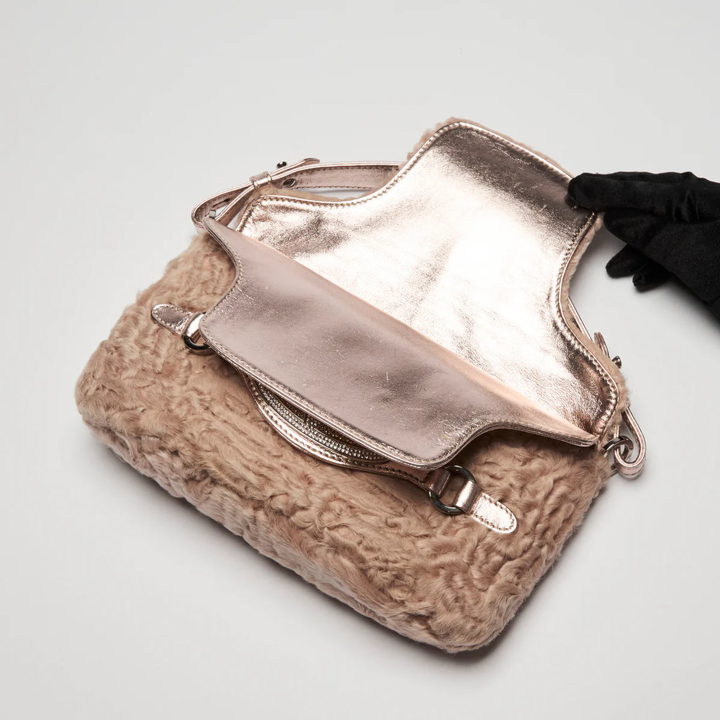 Valentino Beige Lamb Fur and Metallic Pink Leather Flap Bag Coeur Cult Core