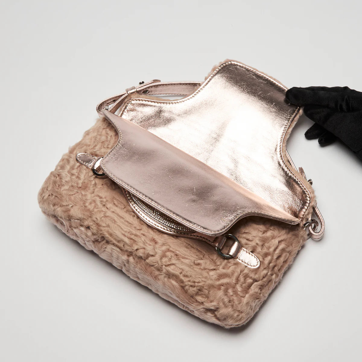 Valentino Beige Lamb Fur and Metallic Pink Leather Flap Bag Coeur Cult Core