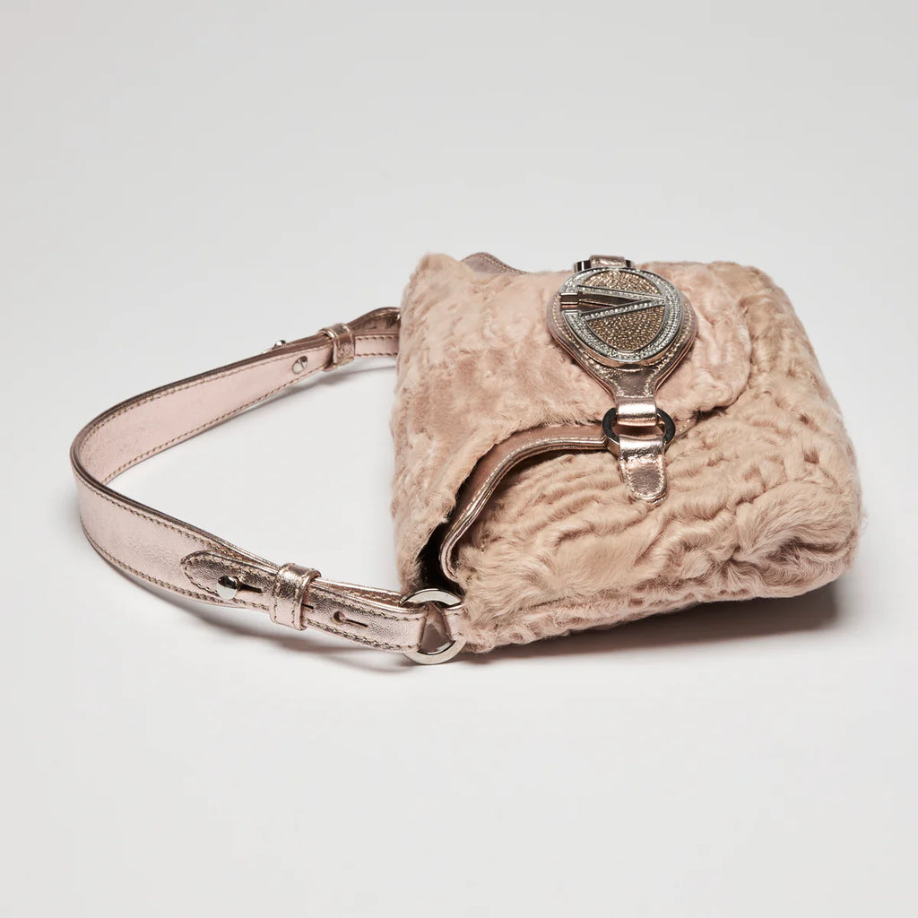 Valentino Beige Lamb Fur and Metallic Pink Leather Flap Bag Coeur Cult Core
