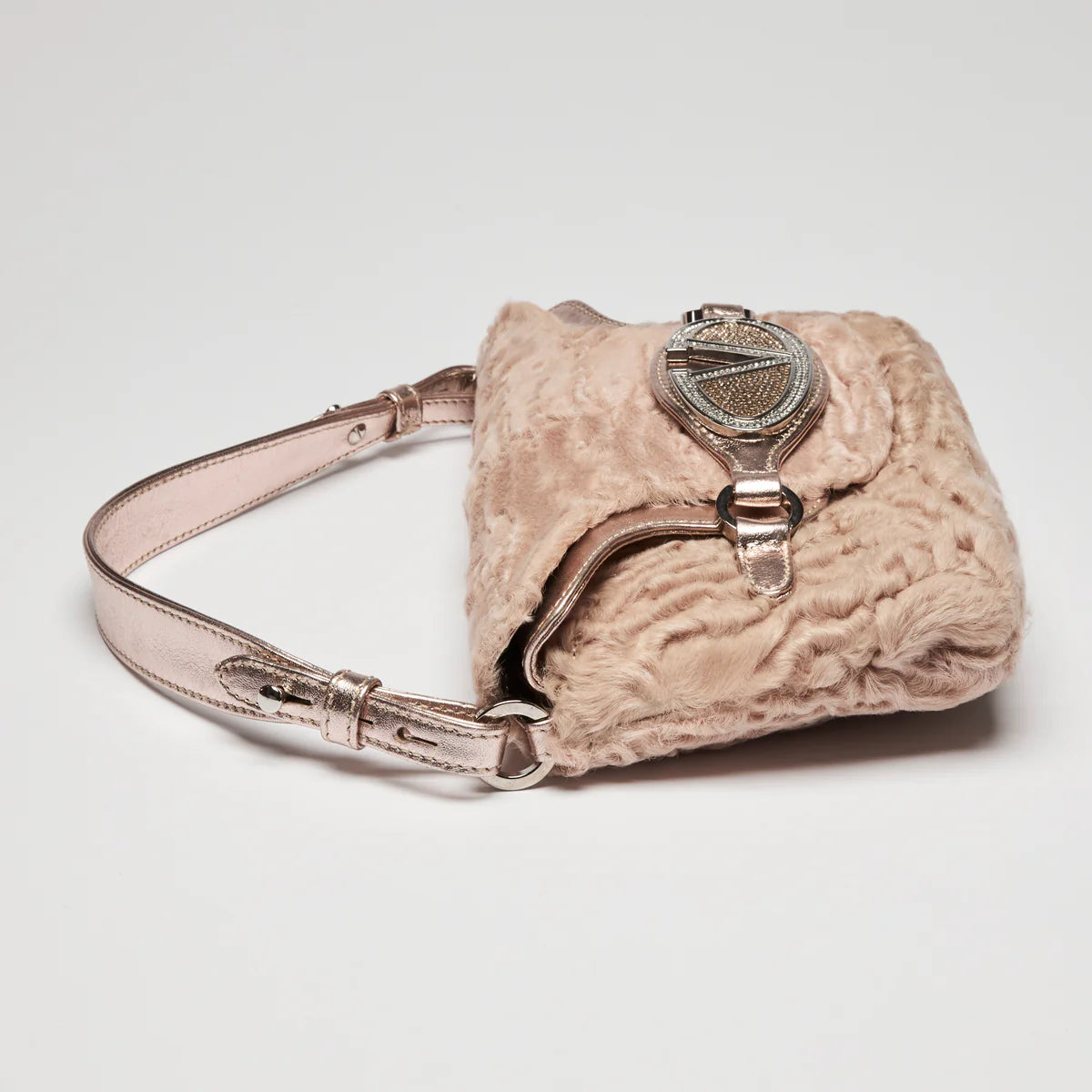 Valentino Beige Lamb Fur and Metallic Pink Leather Flap Bag Coeur Cult Core