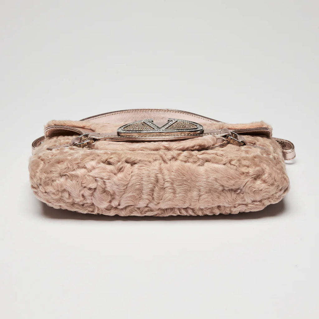 Valentino Beige Lamb Fur and Metallic Pink Leather Flap Bag Coeur Cult Core