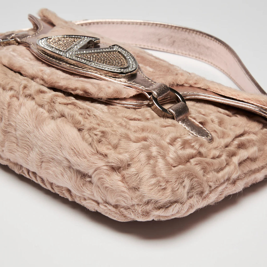 Valentino Beige Lamb Fur and Metallic Pink Leather Flap Bag Coeur Cult Core