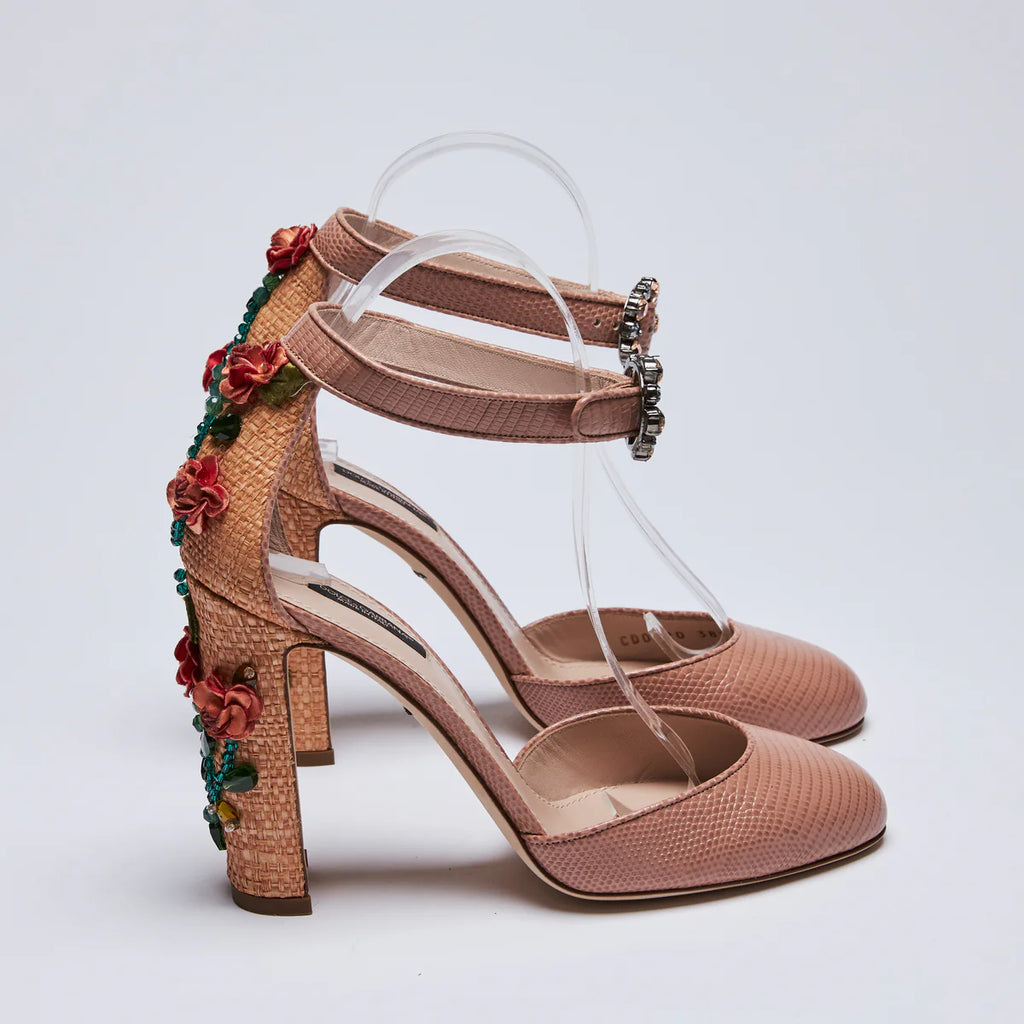Dolce &amp; Gabbana Nude Leather Floral Embroidered Heels Size 38.5