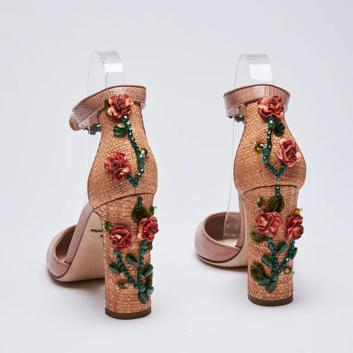 Dolce &amp; Gabbana Nude Leather Floral Embroidered Heels Size 38.5
