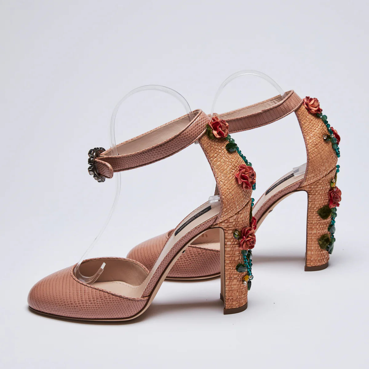 Dolce &amp; Gabbana Nude Leather Floral Embroidered Heels Size 38.5