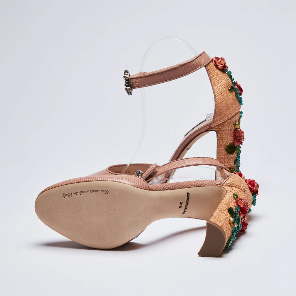 Dolce &amp; Gabbana Nude Leather Floral Embroidered Heels Size 38.5